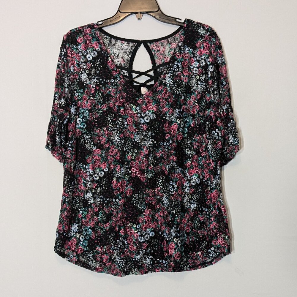 NO BOUNDARIES, Black/Pink Floral Stretch Knit Short Sleeve Top; Size 3XL